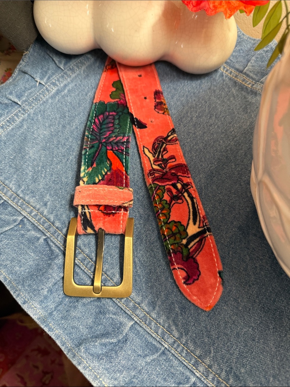 Custom Made Velvet Coral Floral Velvet Belt with Brass-Tone Buckle-Medium